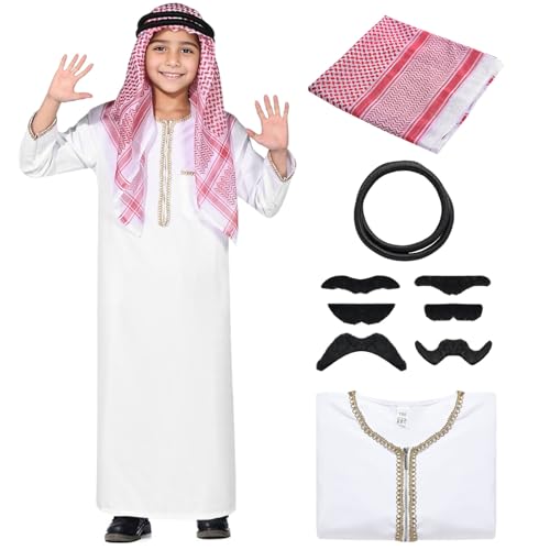 Matreeglam Scheich Kostüm für Herren Kinder, Araber Kostüm mit Kopftuch, Arabisches Weißes Gewand, Faschingskostüme Männer Jungen für Karneval Cosplay Party (Kinder, 3XL) von Matreeglam