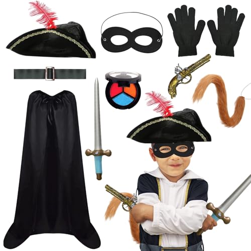 Matreeglam Schwarze Katze Kostüm Kinder, Katze Bandit Kostüm mit Umhang Dreisporn Hut, Fasching Outfit Jungen für Weltbuchtag Karneval Party von Matreeglam