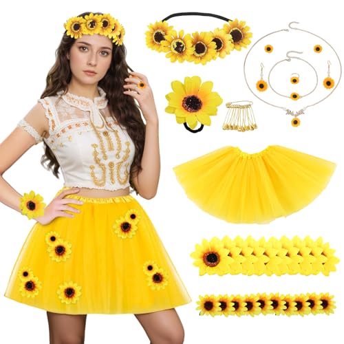 Matreeglam Sonnenblumen Kostüm Damen Mädchen, Karneval Kostüm Gelb Tüllrock mit Stirnband, Blumen Kostüm Set für Karneval Mottoparty Fasching Cosplay von Matreeglam