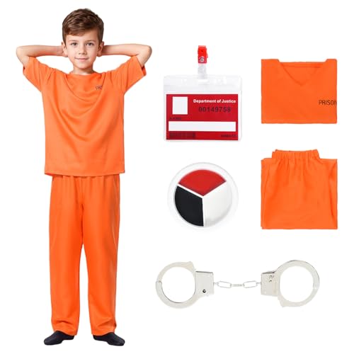 Matreeglam Sträfling Kostüm für Kinder, Orange Häftling Kostüm Mädchen Jungen, Gefangene Kostüm mit Namenskarten, Sträfling Kostüm für Karneval Halloween Cosplay Mottoparty (orange, L) von Matreeglam