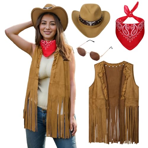 Matreeglam Western Fransen ärmellos Weste für Damen, Hippie Kostüm mit western Cowboyhut rotes Schal, Hippie Fransenweste, Faschingskostüm für Halloween Karneval Mottoparty (2XL) von Matreeglam