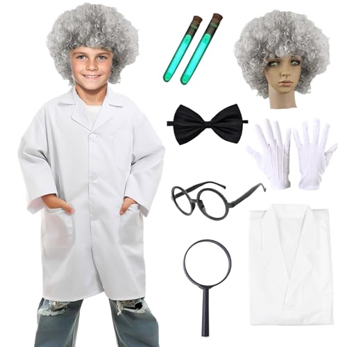 Matreeglam Wissenschaftler Kostüm Kinder, Arztkitel Laborkittel mit grau lockig, weiß Labor Mantel Wissenschaftler für Jungen Mädchen Karneval Halloween Mottoparty (weiß, M) von Matreeglam