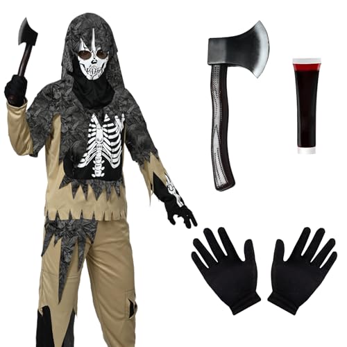 Matreeglam Zombie Kostüm Kinder, Horror Skelett Geist Kinderkostüm mit Requisiten, Rollenspiele Faschingskostüm für Halloween, Karneval, Mottoparty (braun, L) von Matreeglam