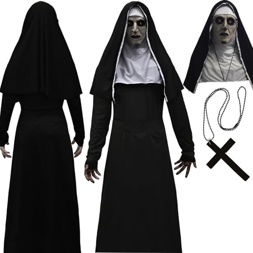 Nonne Kostüm Damen Mädchen, Scary Nonnen Outfit mit Kapuze, Horror Maske, Hüftgürtel, Schwarz Klosterfrau Kostüm für Halloween Cosplay Party (schwarz, L) von Matreeglam