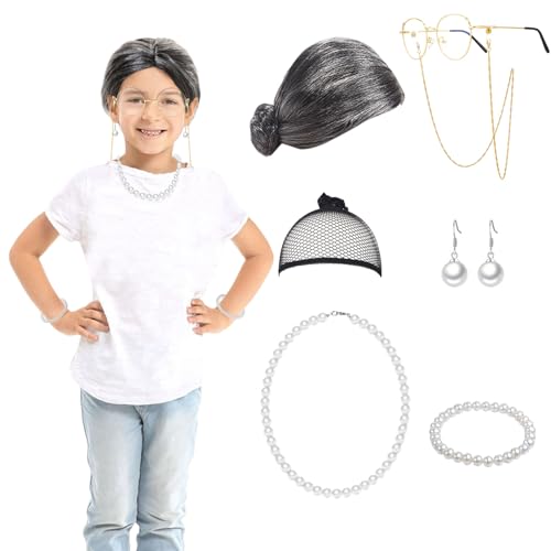 Opa Oma Kostüm Set für Kinder, Alte Mann Frau Cosplay Accessoire mit Perücke, Verkleidung Kit für Karneval Fasching Mottoparty Cosplay (Stil 3) von Matreeglam