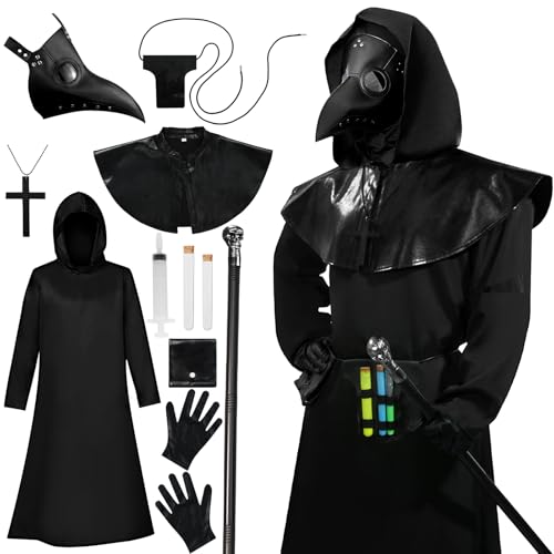 Pestarzt Kostüme mit Kapuze Erwachsene, Schwarzer Kapuzenmantel mit Ledermasken, Mittelalterliches Renaissance Steampunk Kostüm für Halloween Cosplay (2XL) von Matreeglam