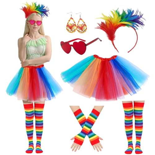 Regenbogen Tüllrock Damen, Cosplay Karneval Kostüm, Bunt Tütü mit Feder Haarreifen Kniestrümpfe für Fasching Mottoparty (Stil 1) von Matreeglam