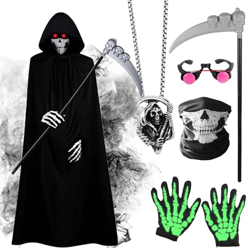 Schwarze Kapuzenumhänge, Halloween, langer Umhang mit Skelettmasken, Handschuhen, Brillen, Faschingskostüm für Halloween, Weihnachten, Cosplay, Party (110) von Matreeglam