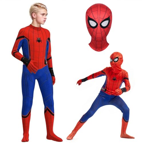 Super Kostüm Kinder, Super Cosplay Kostüme mit Silikon Maske Super Bodysuit für Jungen, 3D Anime Anzug Jumpsuit für Halloween Karneval Cosplay (RotBlau, 120) von Matreeglam