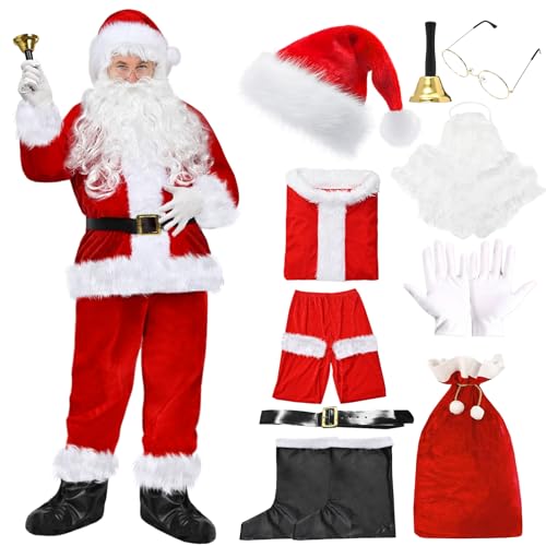 Weihnachtsmann Kostüm Erwachsene, Weihnachtsmann Kostüm Set, Weihnachtsmann Anzug Herren mit Hut, Bart, Brille, Handschuhe, Gürtel, Weihnachten Verkleidung für Weihnachten Party Cosplay (Rot, 3XL) von Matreeglam