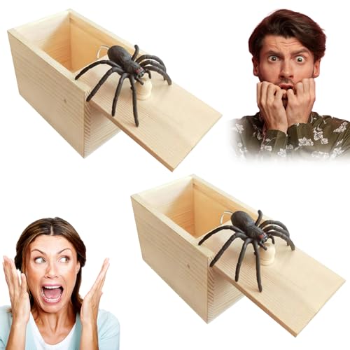 2 Stück Spinnen Spielzeug Box Holz Scherz Spinne Box Spider Prank Scare Box Gummispinne Holz-Überraschungs-Streichschachtel mit Gefälschten Spinnen Gift Halloween-Spielzeug Gummispinne Spinnenbox von Matsizen