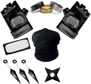 Matsizen Kunai Kunai Cosplay Set, Kunai Stirnband Set,1 Schwarzes Konoha-Stirnband, 3 Kunai-Kunststoffe, 1 SpielzubehöR, 1 Maske, 2 Handschuhe, 3 Ringe, 2 Aufkleber von Matsizen