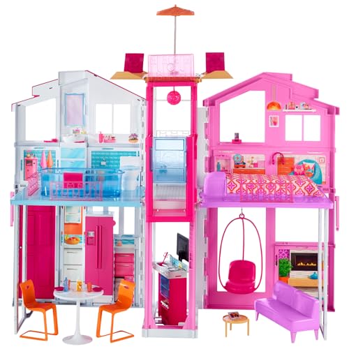 Barbie Haus Traumvilla, Stadthaus mit 3-Etagen und 5 Zimmern, inkl. Barbie Zubehör wie Möbel, faltbar und aufbewahrbar, Spielzeug ab 3 Jahren, DLY32 von Barbie
