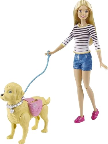 Barbie Walk and Potty Pup, Puppe mit blonden Haaren und laufendem Hund, Kotschaufel, Accessoires, inkl Puppe Hund, Geschenk für Kinder, Spielzeug ab 3 Jahre,DWJ68 von Barbie