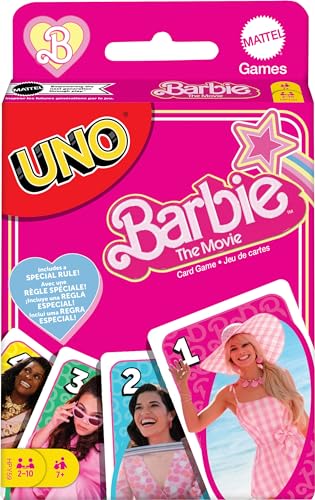 BARBIE The MOVIE - UNO Kartenspiel für Filme Fans mit Lieblingscharakteren und unvergesslichen Szenen, Sonderregel Zu viel gespielt, für 2-10 Spieler ab 7 Jahren, HPY59 von Mattel Games