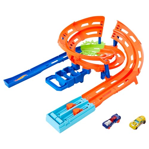 Hot Wheels Spielzeugauto-Trackset, Steilkurven-Rennstrecke, 2 Spielzeugautos im Maßstab 1:64, einfache Aufbewahrung, HTK17, HTK17 von Hot Wheels