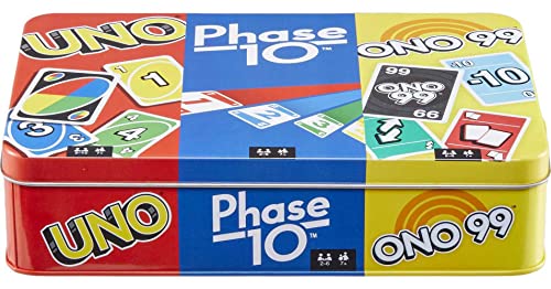 Mattel Games 3er Set Kartenspiele mit UNO, Phase 10 & ONO 99, Reisespiele für Kinder & Familiennacht mit Aufbewahrungsdose (Amazon Exclusive) von Mattel Games