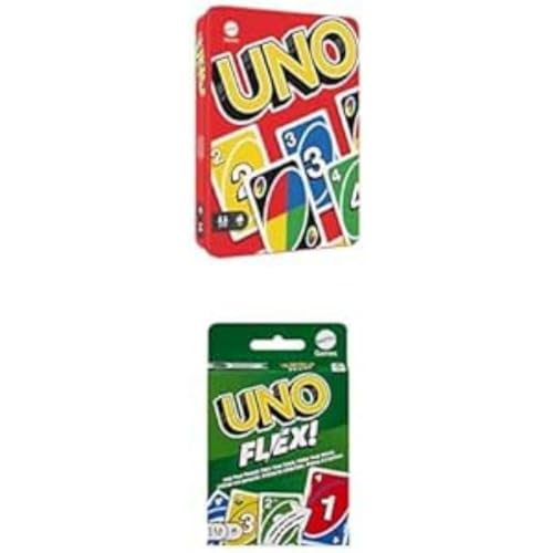 Mattel Games Bundle Pack - UNO-Kartenspiel (HGB63) + UNO Flex (HMY99) mit 112 Karten, Metallbox und Flex-Karten, exklusive Sammlerdose, Gesellschaftsspiel, Spielzeug für 2-6 Spieler ab 7 Jahren von Mattel Games