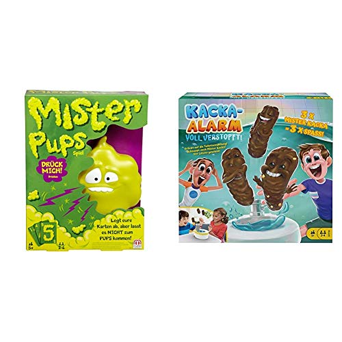 Mattel Games DPX25 - Mister Pups lustiges Kartenspiel und geeignet für 2-6 Spieler, 5 Jahren + GRF99 - Kacka-Alarm Voll Verstopft! lustiges Partyspiel ab 5 Jahren von Mattel Games