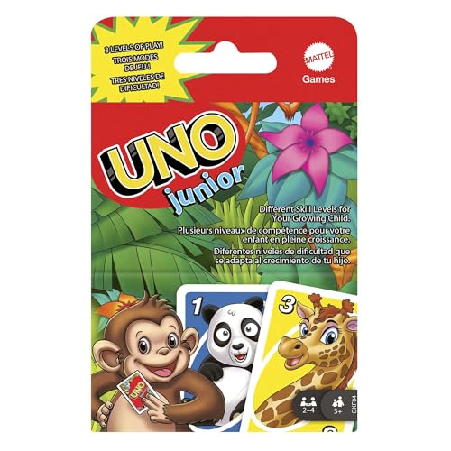 Mattel Games Uno Junior, Uno Kartenspiel, vereinfachte Version mit Zootieren und 3 Schwierigkeitsstufen, Kinderspiel, Geschenk für Kinder, ab 3 Jahre, GKF04 von Mattel Games