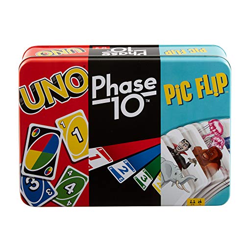 Mattel Games GWP96 - UNO, Phase 10 und Pic Flip-Sammeldose, 3 Mattel-Kartenspiele für Spieler ab 7 Jahren, Dekorative Aufbewahrungsbox, Geschenk für Spieleabend, Kindern ab 7 Jahren und Erwachsenen von Mattel Games