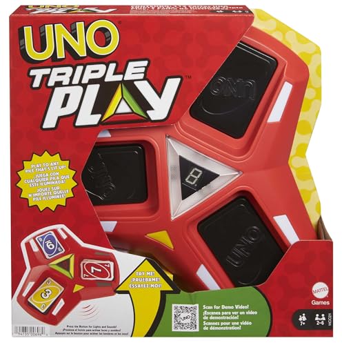 Mattel Games UNO Triple Play, Uno Kartenspiel für die Familie, mit Licht und Soundeffekten, Perfekt als Kinderspiel, Reisespiel oder Spiel für Erwachsene, für 2-6 Spieler, ab 7 Jahren, HCC21 von Mattel Games