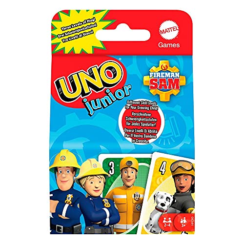 Mattel Games HFC80 - UNO Junior Feuerwehrmann Sam Kartenspiel mit 56 Karten, für 2-4 Spieler, Spielzeug ab 3 Jahren von Mattel Games