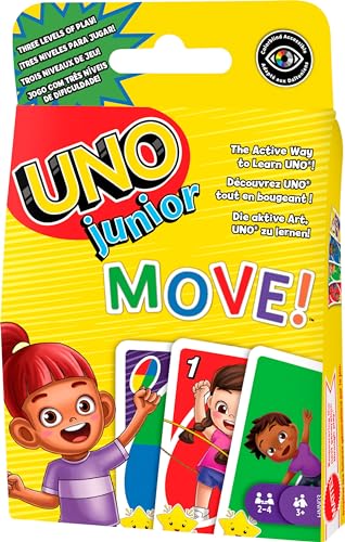 UNO Junior Move! - Aktive Variante des Kartenspiels, 3 Schwierigkeitsstufen für Einstieg jüngerer Spieler, Bewegungskarten, für Kinder ab 3 Jahren, HNN03 von Mattel Games