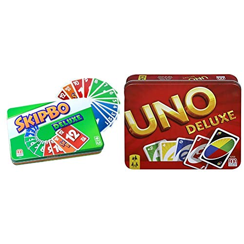 Mattel Games L3671 Skip-BO Deluxe in Metalldose Kartenspiel, geeignet für 2-6 Spieler, Spieldauer ca.30 Minuten & K0888 UNO Deluxe Kartenspiel, geeignet für 2-10 Spieler, Spieldauer ca.15 Minuten von Mattel Games