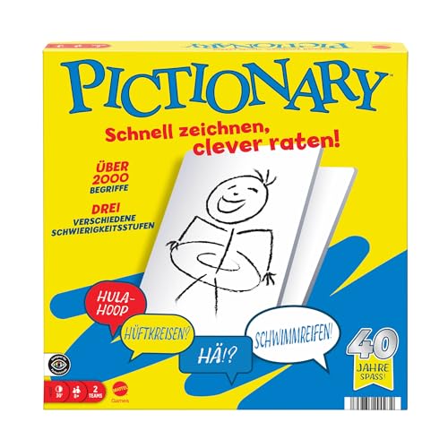 Mattel Games Pictionary Familienbrettspiel für Kinder, Erwachsene und Spieleabende für 2 Teams mit löschbaren Stiften, Maltafeln und Sanduhr, JDX99 von Mattel Games