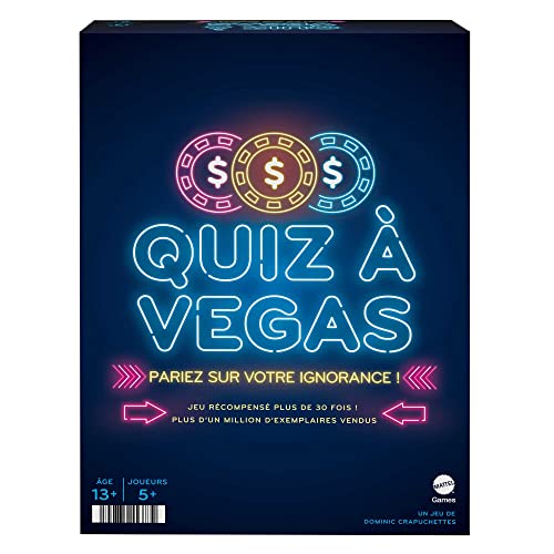 Mattel Games Quiz à Vegas, allgemeines Kulturspiel mit Fragekarten, Poker- und Pari-Chips, min. 5 Spieler, französische Version, Kinderspielzeug, ab 13 Jahren, HNY92 von Mattel Games