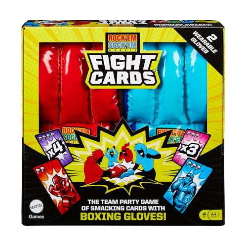 Mattel Games Rock 'EM Sock'EM Robots Fight Cards Kartenspiel, Party-Teamspiel für Kinder und Erwachsene mit Zwei Boxhandschuhen, HTW64 von Mattel Games