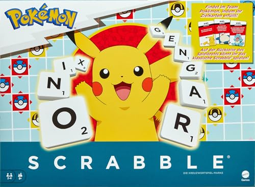 Mattel Games Scrabble Pokémon-Brettspiel, Familienwortspiel mit Zwei Spielmöglichkeiten, enthält 50 Herausforderungskarten mit Pokémon-Charakteren für 24 Spieler, Deutsche Version, HXT28 von Mattel Games