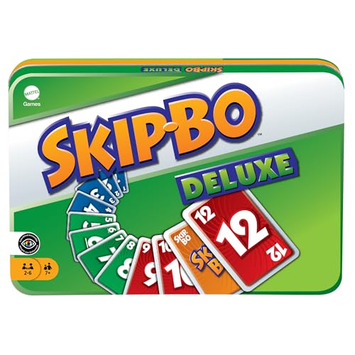 Mattel Games Skip-BO Deluxe, in Metallbox, Kartenspiele für die Familie, Perfekt als Kinderspiel, Reisespiel oder Spiel für Erwachsene, Spielzeit: 30 Min, für 2-6 Spieler, ab 7 Jahren, L3671 von Mattel Games