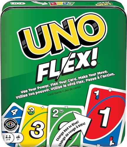 Mattel Games UNO Flex Kartenspiel für Familienabend, bei dem Karten die Farbe ändern, wenn sie gebogen werden, in Sammeldose von Mattel Games