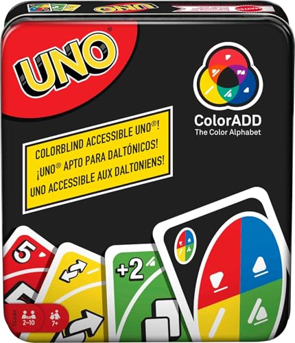 Mattel Games UNO Kartenspiel ColorADD für farbenblinde & farbsehende Spieler, Reisespiel in Aufbewahrungsdose für 2 bis 10 Spieler von Mattel Games