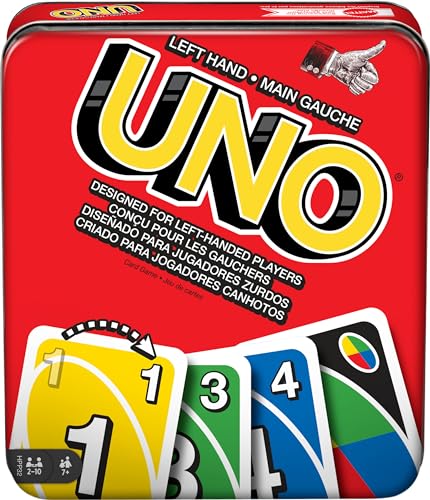 Mattel Games UNO Kartenspiel für Familiennacht mit Karten speziell für Linkshänder in Sammeldose, HPP32, Mehrfarbig von Mattel Games