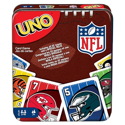 Mattel Games UNO NFL Kartenspiel für Kinder & Erwachsene, Reisespiel mit NFL-Team-Logos & Sonderregel in Aufbewahrungsdose (Amazon Exclusive) von Mattel Games