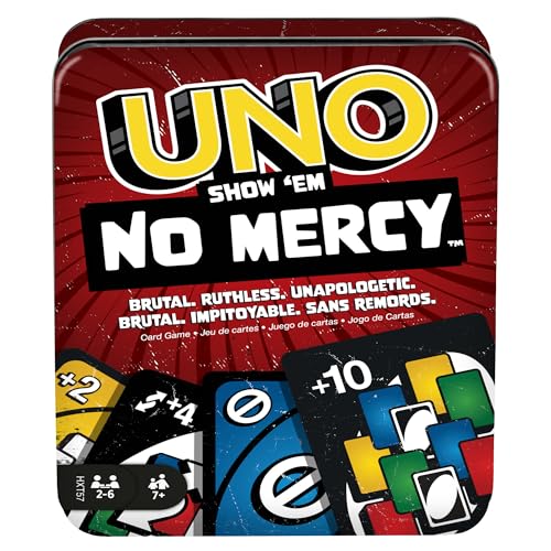 Mattel Games UNO No Mercy Kartenspiel in Einer Aufbewahrungsdose zum Mitnehmen für Kinder, Erwachsene und Familienabende mit zusätzlichen Karten, Sonderregeln und härteren Strafen, HXT57 von Mattel Games