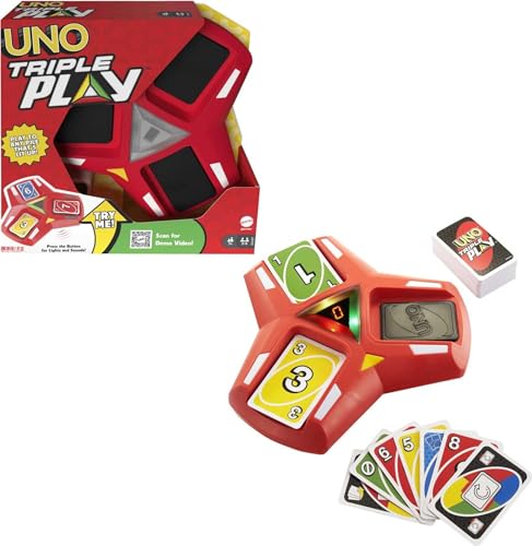 Mattel Games UNO Triple Play Kartenspiel, Spiel für Kinder, Erwachsene und Familiennacht, drei Stapel spielen, zeichnen, wenn es überlastet, Lichter und Geräusche von Mattel Games