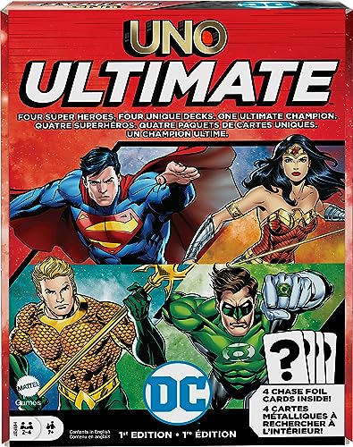 Mattel Games UNO Ultimate DC Kartenspiel für Kinder, Fans, Erwachsene & Familiennacht mit 4 Charakter-Decks, 4 Sammelfolienkarten & Sonderregeln von Mattel Games