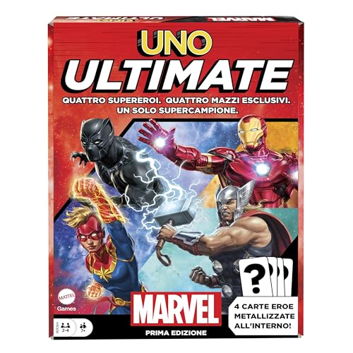 Mattel Games - UNO Ultimate Marvel - Das ikonische Spiel mit 4 laminierten Sammelkarten und Marvel Superhelden einschließlich Black Panther, Captain Marvel, Iron Man und Thor, Spielzeug für Kinder, 7+ von Mattel Games