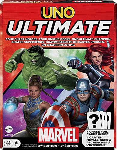 Mattel Games UNO Ultimate Marvel Kartenspiel mit 4 Charakter-Decks, 4 Sammelfolienkarten & Sonderregeln, 2-4 Spieler, 2nd Edition von Mattel Games