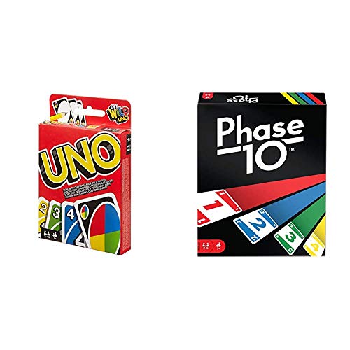 Mattel Games W2087 - UNO Kartenspiel und Gesellschaftspiel, geeignet für 2-10 Spieler, Kartenspiele und ab 7 Jahren + FPW38 - Phase 10 für 2-6 Spieler, und Kartenspiele ab 7 Jahren von Mattel Games