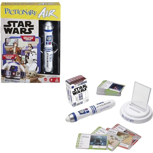 Mattel Games Pictionary Air Star Wars Familien-Zeichenspiel, Lightpen, 112 doppelseitige Hinweiskarten, Freisprecheinrichtung, Geschenk für 8 Jahre von Mattel Games