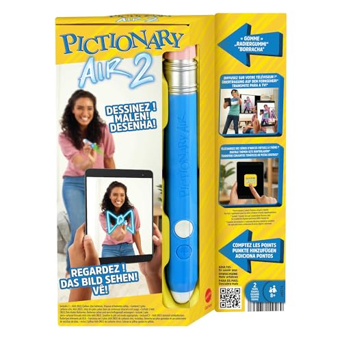 Mattel Games Pictionary Air 2 Zeichenspiel mit App, Familienspiel mit Lichtstift und Begriffskarten, zum Verbinden mit dem Smartphone oder Tablet, Scharade, für Spieler ab 8 Jahren, HNT74 von Mattel Games