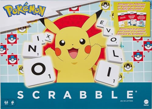 Mattel Games Scrabble Pokémon, Familien-Buchstabenspiel mit Zwei Spielmöglichkeiten, enthält 50 Herausforderungskarten mit Pokémon-Figuren, für 2 bis 4 Spieler, HXT27 von Mattel Games