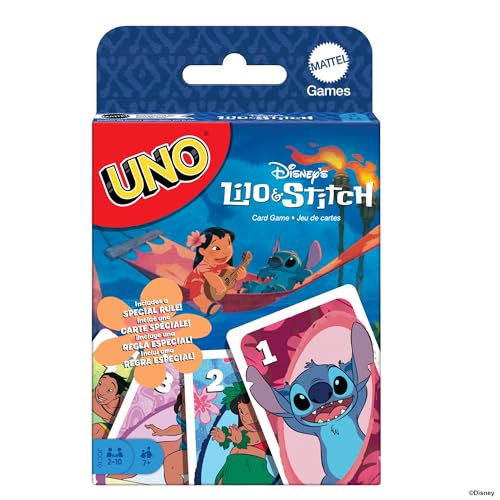 UNO Disneys Lilo und Stitch Kartenspiel für Kinder, Erwachsene und Familien mit Karten und Regeln, die auf dem Film basieren, JCC10 von Mattel Games