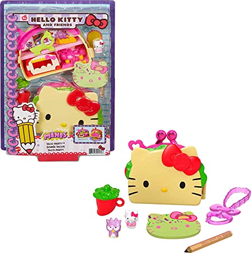 Hello Kitty GVB33 - Taco-Party-Schatulle (12,5 cm) mit 2 Sanrio Minis Figuren, Notizblock und Schreibwarenzubehör, für Kinder ab 4 Jahren von Mattel