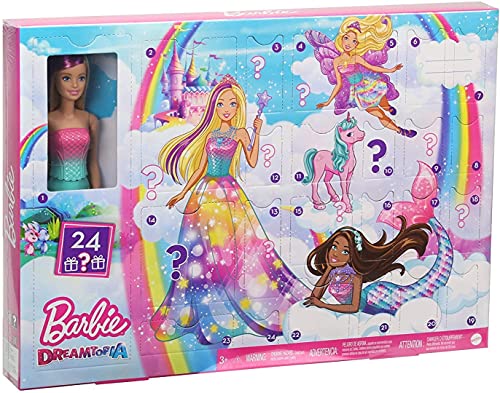 Barbie GJB72 - Dreamtopia Adventskalender: Blonde Puppe, 3 Prinzessinnen-Moden, 10 Accessoires und 10 Zubehörteile zum Geschichtenerzählen, darunter 4 Tiere, Adventsgeschenk für Kinder, ab 3 Jahren von Mattel